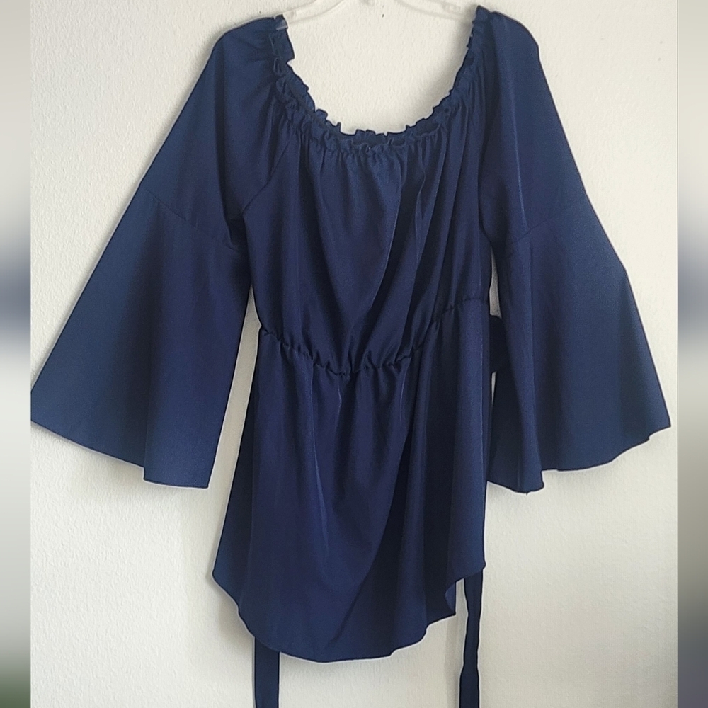 Shein Curve Women's Top Off Shoulder Peasant Blouse Gathered Waist  Navy Sz 3XL